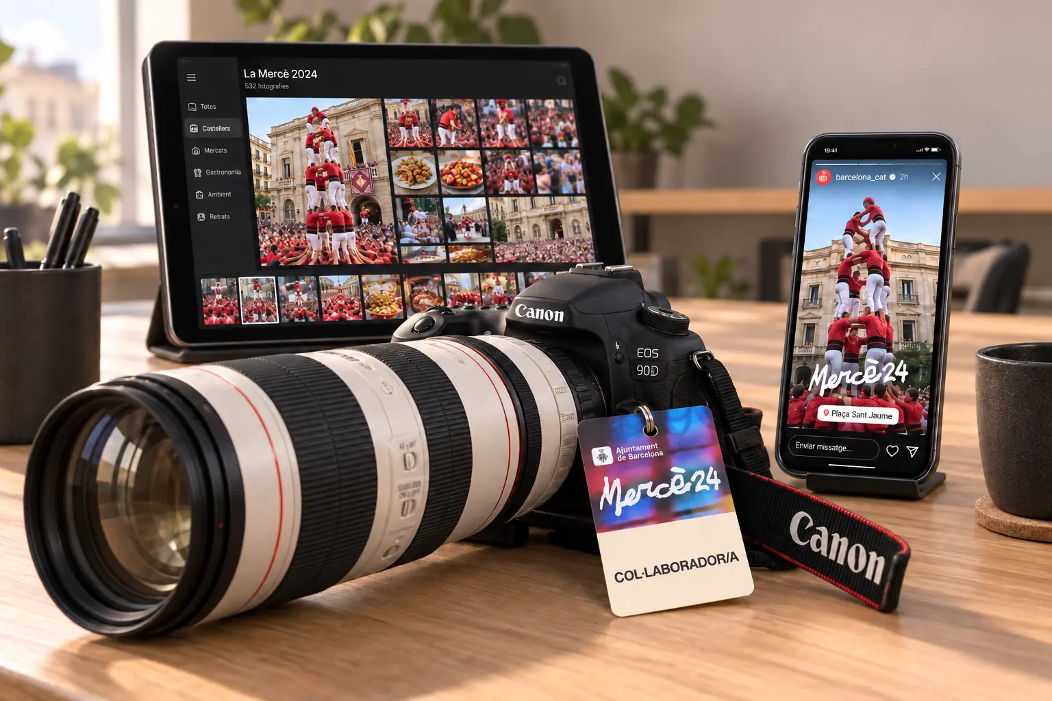 Equipo fotográfico profesional, selección de imágenes de La Mercè y publicación en Instagram