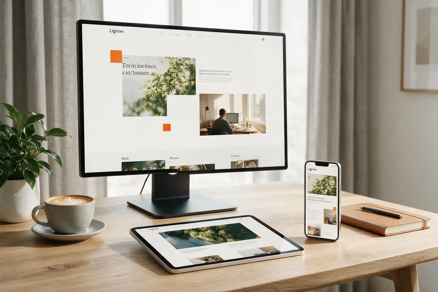 Diseño Web responsive - Ligrow Web responsive visualizada en ordenador, tablet y smartphone