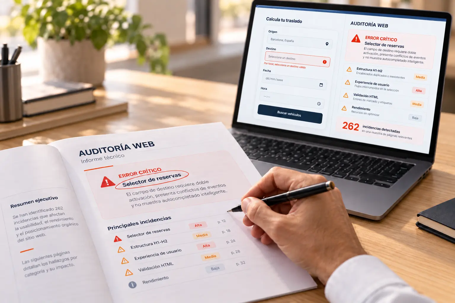 Auditoría web de MeTransfers con un error crítico detectado en el selector de reservas